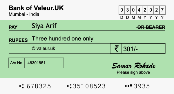 How to write a cheque for 301 rupees
