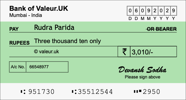 How to write a cheque for 3,010 rupees