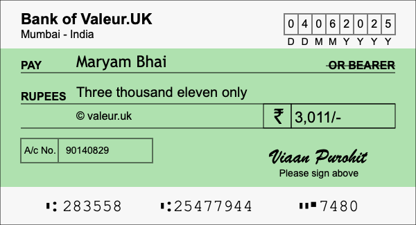 How to write a cheque for 3,011 rupees