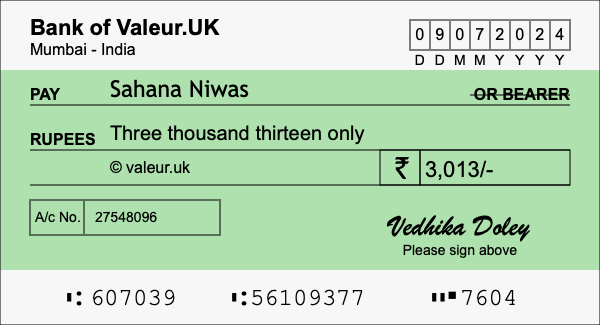 How to write a cheque for 3,013 rupees