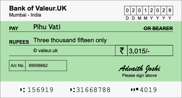 How to write a cheque for 3,015 rupees