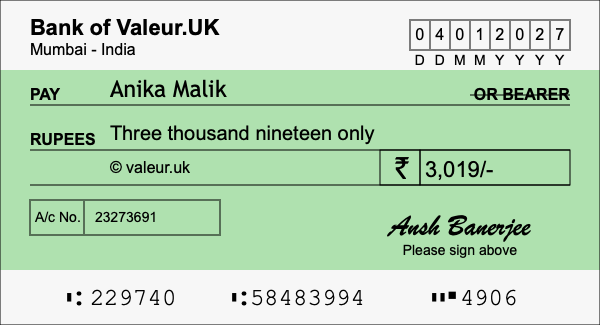How to write a cheque for 3,019 rupees How to write a cheque for 3,019 rupees