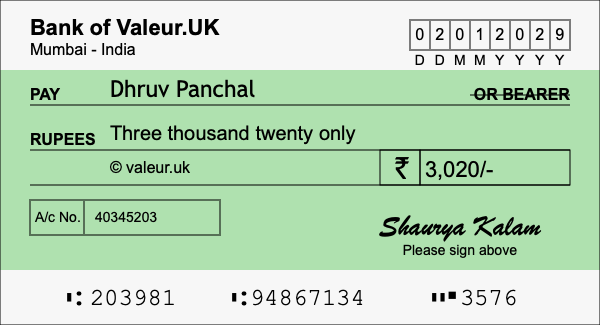 How to write a cheque for 3,020 rupees How to write a cheque for 3,020 rupees