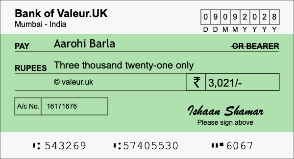 How to write a cheque for 3,021 rupees