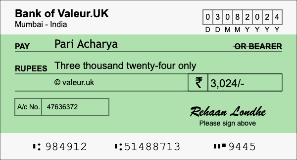 How to write a cheque for 3,024 rupees How to write a cheque for 3,024 rupees