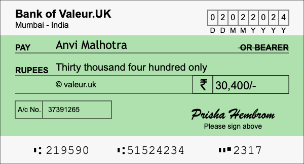 How to write a cheque for 30,400 rupees How to write a cheque for 30,400 rupees