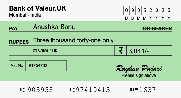 How to write a cheque for 3,041 rupees