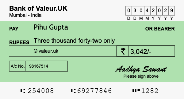 How to write a cheque for 3,042 rupees How to write a cheque for 3,042 rupees