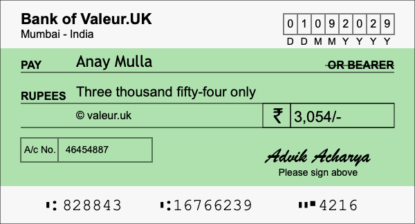 How to write a cheque for 3,054 rupees