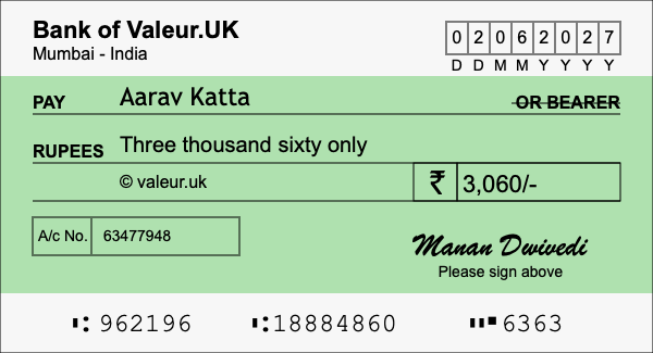 How to write a cheque for 3,060 rupees How to write a cheque for 3,060 rupees