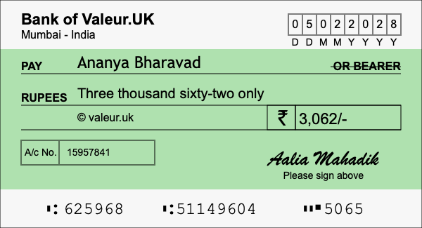 How to write a cheque for 3,062 rupees