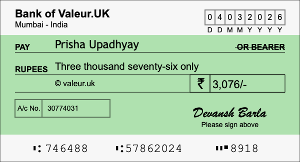 How to write a cheque for 3,076 rupees How to write a cheque for 3,076 rupees