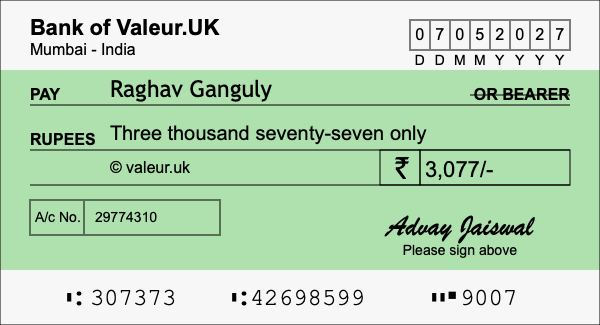 How to write a cheque for 3,077 rupees How to write a cheque for 3,077 rupees