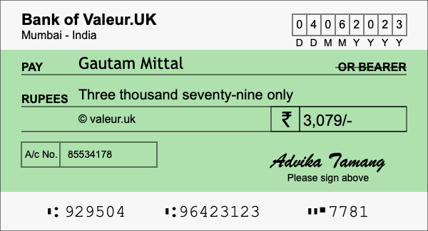 How to write a cheque for 3,079 rupees How to write a cheque for 3,079 rupees