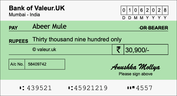 How to write a cheque for 30,900 rupees How to write a cheque for 30,900 rupees