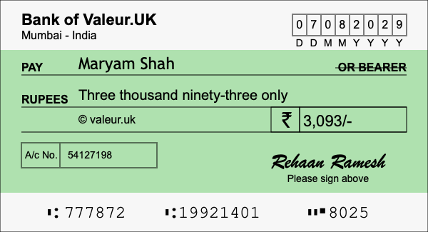 How to write a cheque for 3,093 rupees How to write a cheque for 3,093 rupees