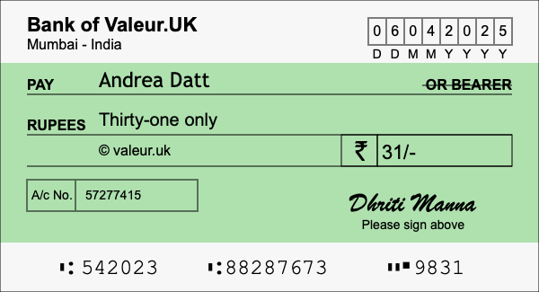 How to write a cheque for 31 rupees