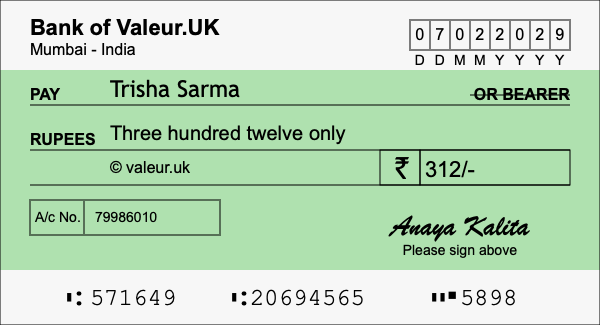 How to write a cheque for 312 rupees