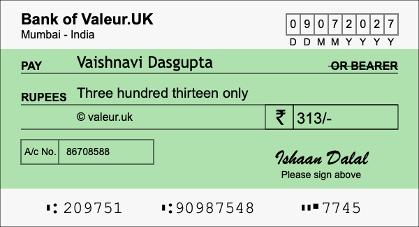 How to write a cheque for 313 rupees
