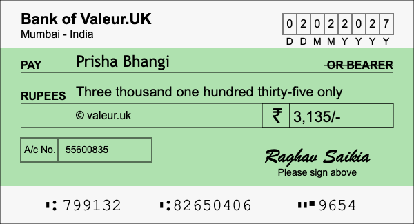 How to write a cheque for 3,135 rupees