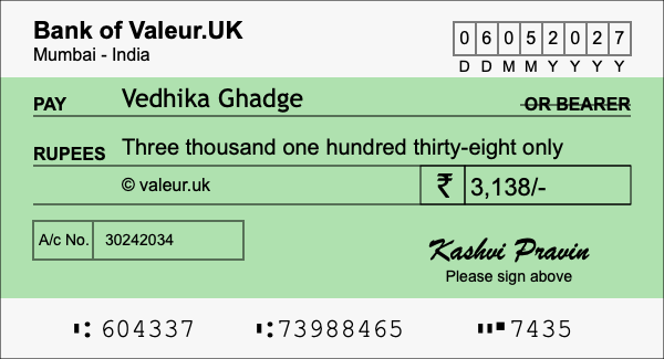 How to write a cheque for 3,138 rupees
