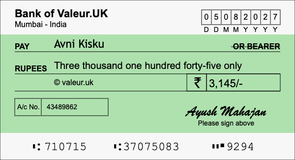 How to write a cheque for 3,145 rupees