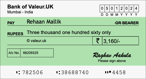 How to write a cheque for 3,160 rupees