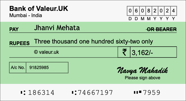 How to write a cheque for 3,162 rupees