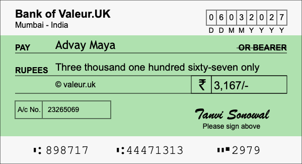 How to write a cheque for 3,167 rupees