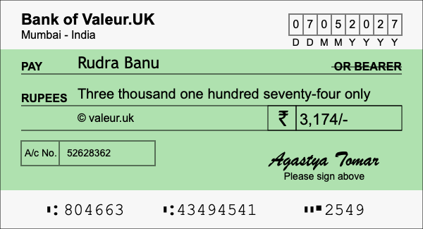 How to write a cheque for 3,174 rupees