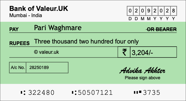 How to write a cheque for 3,204 rupees