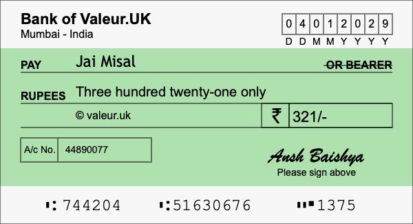 How to write a cheque for 321 rupees