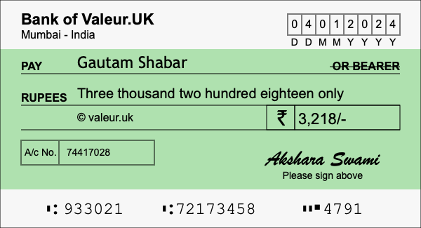 How to write a cheque for 3,218 rupees