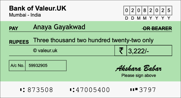 How to write a cheque for 3,222 rupees