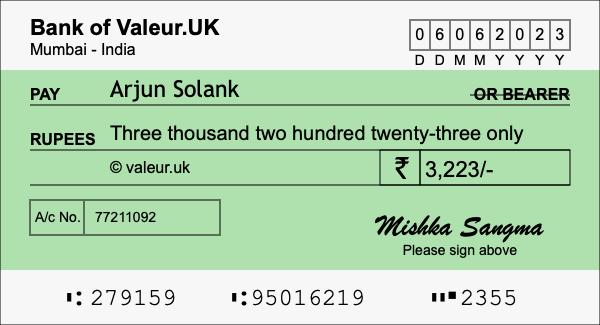 How to write a cheque for 3,223 rupees