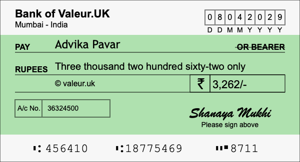 How to write a cheque for 3,262 rupees