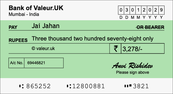 How to write a cheque for 3,278 rupees