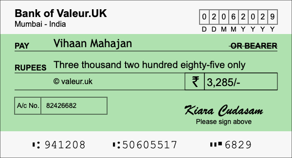 How to write a cheque for 3,285 rupees