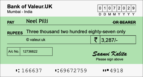 How to write a cheque for 3,287 rupees