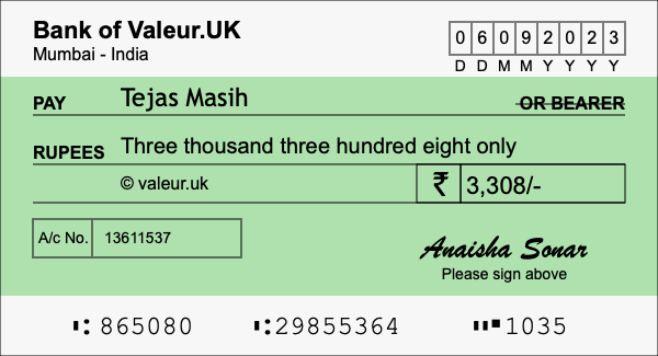 How to write a cheque for 3,308 rupees How to write a cheque for 3,308 rupees