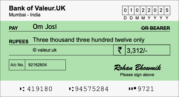 How to write a cheque for 3,312 rupees How to write a cheque for 3,312 rupees
