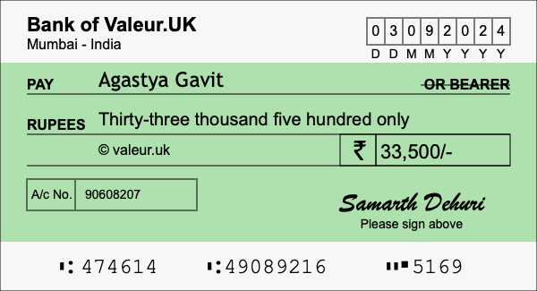 How to write a cheque for 33,500 rupees