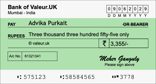 How to write a cheque for 3,355 rupees