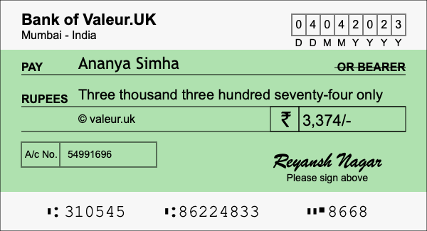How to write a cheque for 3,374 rupees