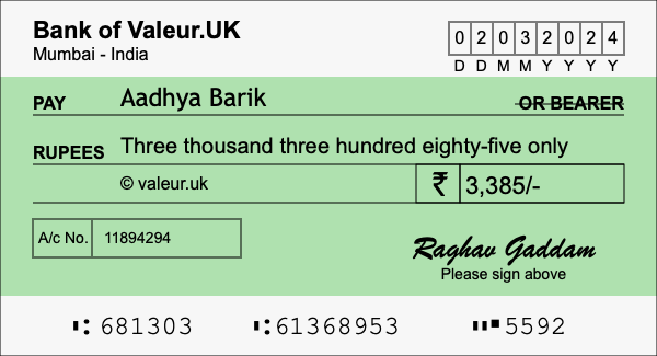 How to write a cheque for 3,385 rupees