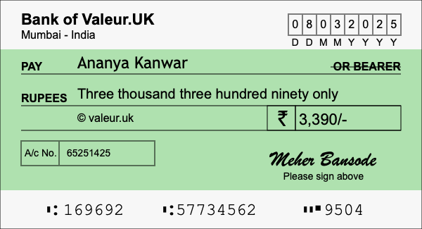 How to write a cheque for 3,390 rupees