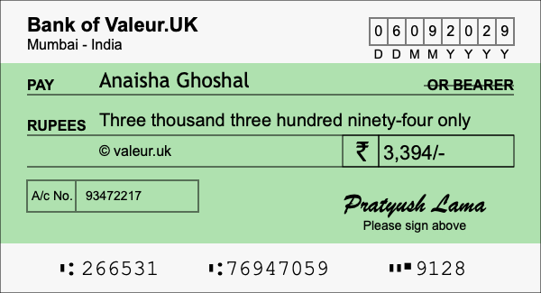 How to write a cheque for 3,394 rupees