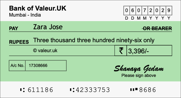 How to write a cheque for 3,396 rupees