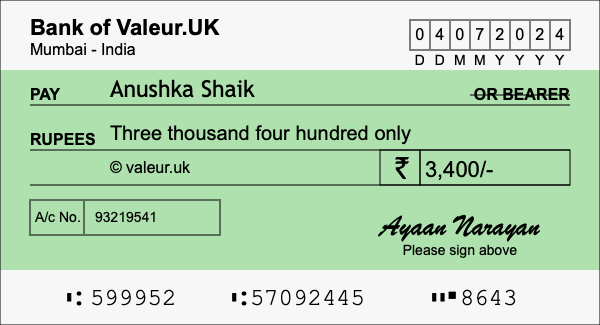 How to write a cheque for 3,400 rupees