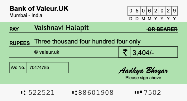 How to write a cheque for 3,404 rupees